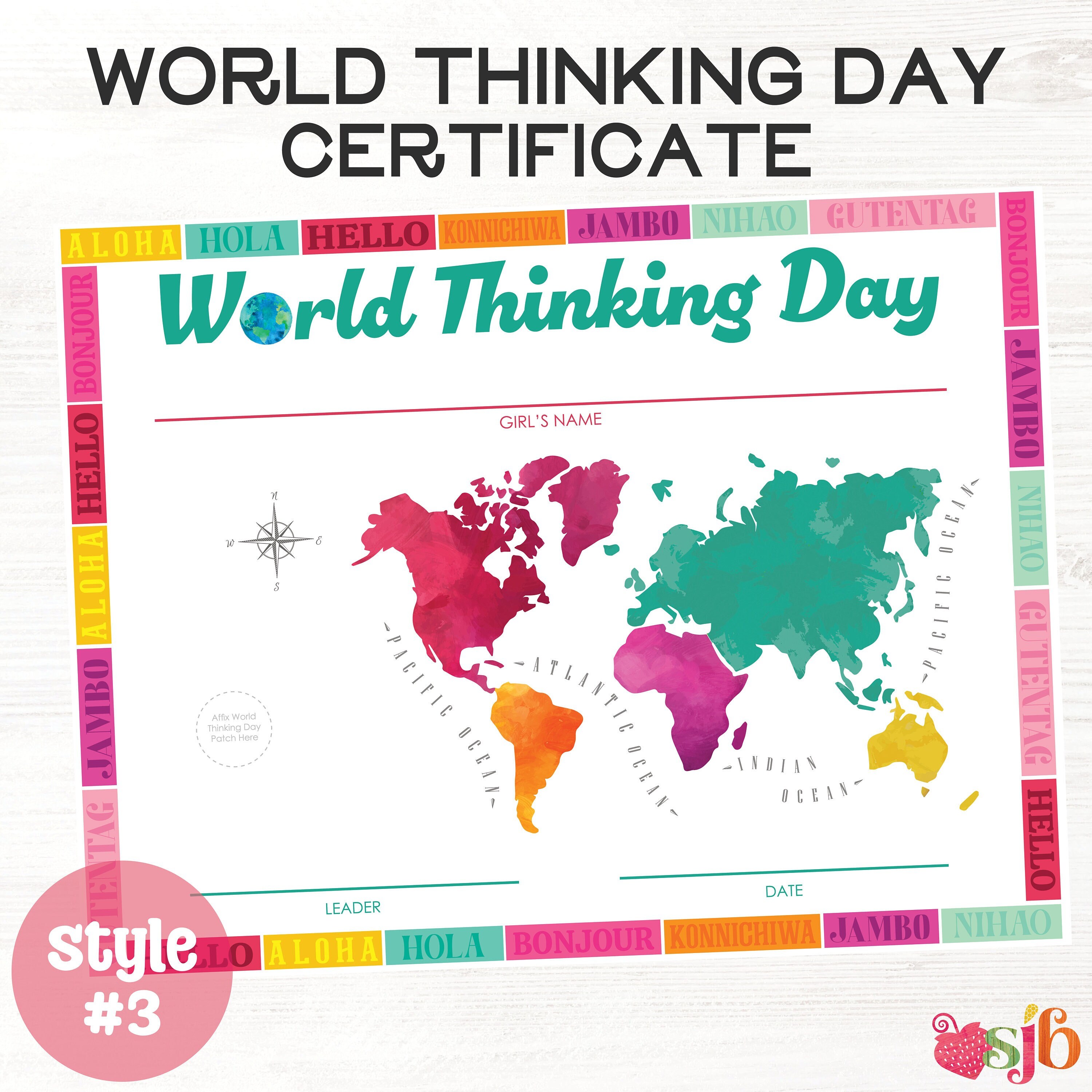 2024 World Thinking Day Badge Patch Fillable Certificate Style 3 Girl