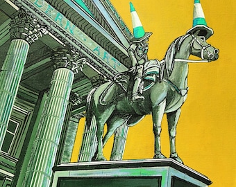 Duke of Wellington, Glasgow, Fine Art Print - Yellow and Teal
