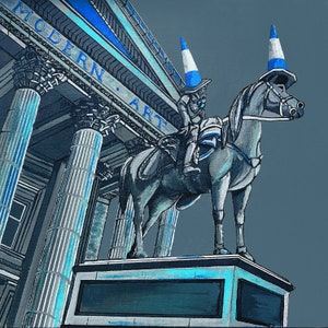 May include: An artistic painting depicts a statue of a rider on horseback, both adorned with blue and white traffic cones. The statue is set against a backdrop of a building with the words "MODERN ART" in blue lettering. The artwork is rendered in shades of blue and gray.