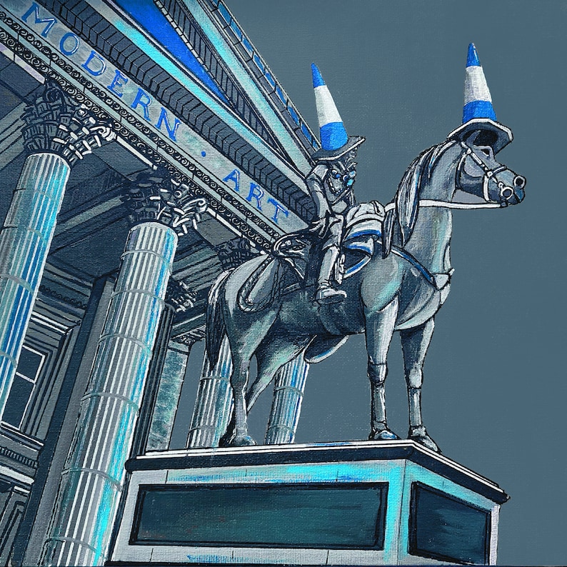 May include: An artistic painting depicts a statue of a rider on horseback, both adorned with blue and white traffic cones. The statue is set against a backdrop of a building with the words "MODERN ART" in blue lettering. The artwork is rendered in shades of blue and gray.