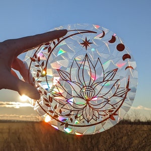 Moon Lotus Suncatcher Decal - Reusable Moon Phase Rainbow Maker Sticker - Crescent Moon Sun Catcher - Vine Window Cling - Avoid Bird Strikes