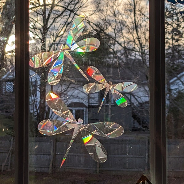 Dragonfly Suncatcher Decals - Reusable Rainbow Maker Stickers - Static Window Clings - Boho Dragon Fly Sun Catcher - Avoid Bird Strikes