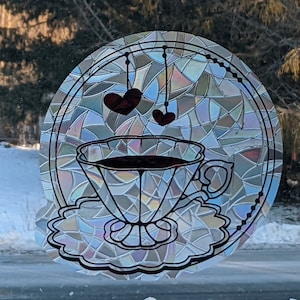 Vintage Teetasse Suncatcher - Teeset Sonnenfänger - wiederverwendbarer Regenbogen Maker Aufkleber - Boho Fensteraufkleber - Tee-Party - Vogelschlag vermeiden