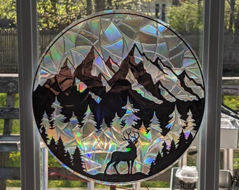 Mountain Landscape Suncatcher - Window Cling Decal - Deer - Holographic - Casts Rainbows - Sun Catcher - Nature - Forest - Silhouette