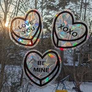 attrape-soleil coeurs bonbon - lot de 3 stickers arc-en-ciel réutilisables - stickers coeurs texte pour fenêtre - attrape-soleil Saint-Valentin