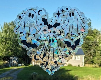 Cute Halloween Suncatcher Decal - Reusable Static Window Cling Sticker - Kawaii Bat & Ghost Sun Catcher Rainbow Maker - Halloween Decoration