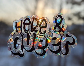 Here and Queer Suncatcher - Reusable Rainbow Maker Sticker - Static Window Cling Decal - LGBT Pride Sun Catcher - Queer Owned Business