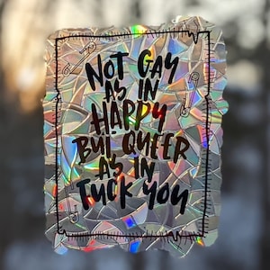 LGBT Pride Suncatcher Sticker - Reusable Rainbow Maker Static Window Cling Decal - Fuck You Punk Sun Catcher - Not Gay As In Happy