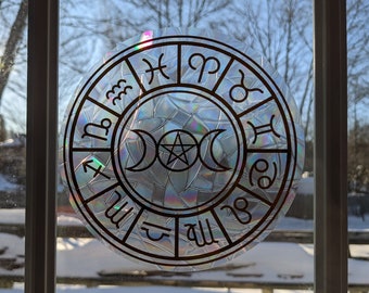 Adesivo de janela com roda do zodíaco - Adesivo reutilizável para criar arco-íris - Adesivo para janela - Apanhador de sol astrológico - Zodíaco - Horóscopo - Bruxo - Wicca
