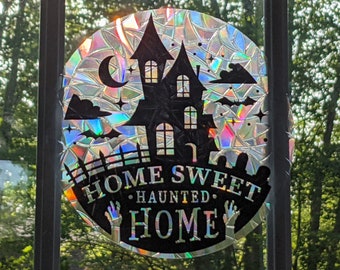 Haunted House Suncatcher - Halloween Decor - Spooky - Home Sweet Home - Static Window Cling Decal - Sun Catcher - Avoid Bird Strikes