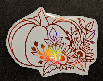 Floral Kürbis Aufkleber - Herbst - Halloween - Spooky - Danken - Holographisch - Auto Aufkleber - Elektronische Hüllen - Aufkleber - Wetterbeständig