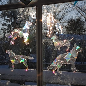 May include: Five iridescent dog silhouettes are displayed on a window pane. The silhouettes are made of colourful mosaic pieces, creating a shimmering effect. The dogs are in various poses, including standing, sitting, and running.