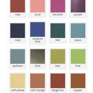May include: A colour chart of leather swatches for handbags. The swatches are arranged in rows and columns, with each swatch labelled with its colour name. The colours include burgundy, berry, deep red, red, rose, coral, hot pink, purple, navy, medium blue, teal, aqua, seafoam, olive, kiwi, lime, soft yellow, soft orange, tangerine, copper, saddle, oak, caramel, chestnut, walnut, cocoa, taupe, grey, white, and black.