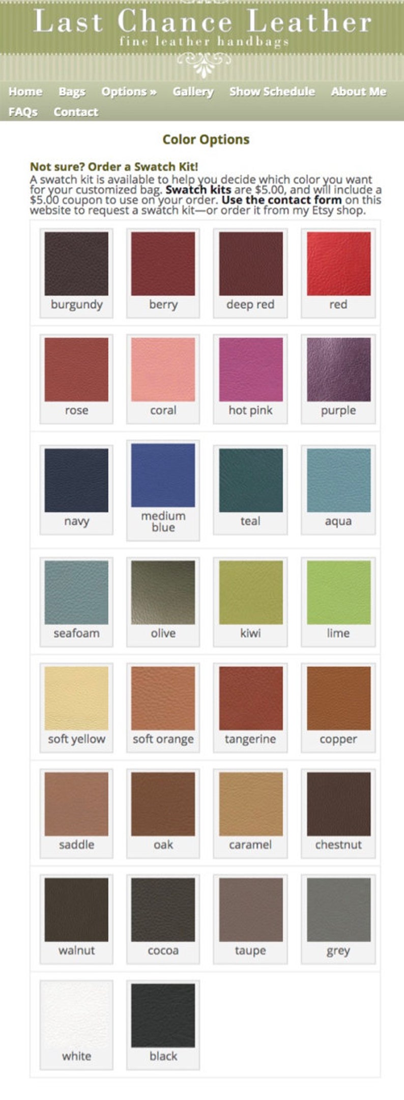 May include: A colour chart of leather swatches for handbags. The swatches are arranged in rows and columns, with each swatch labelled with its colour name. The colours include burgundy, berry, deep red, red, rose, coral, hot pink, purple, navy, medium blue, teal, aqua, seafoam, olive, kiwi, lime, soft yellow, soft orange, tangerine, copper, saddle, oak, caramel, chestnut, walnut, cocoa, taupe, grey, white, and black.