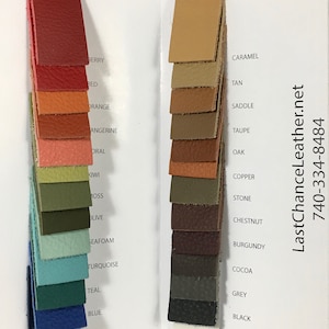 May include: A color chart of leather swatches in various shades, including red, orange, green, blue, and brown. Each swatch is labeled with its color name. The website LastChanceLeather.net and a phone number are visible.