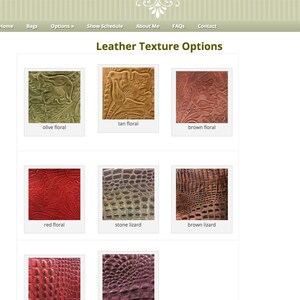 May include: Leather texture options for handbags. The options include olive, tan, and brown floral, red floral, stone lizard, brown lizard, red lizard, and purple lizard.