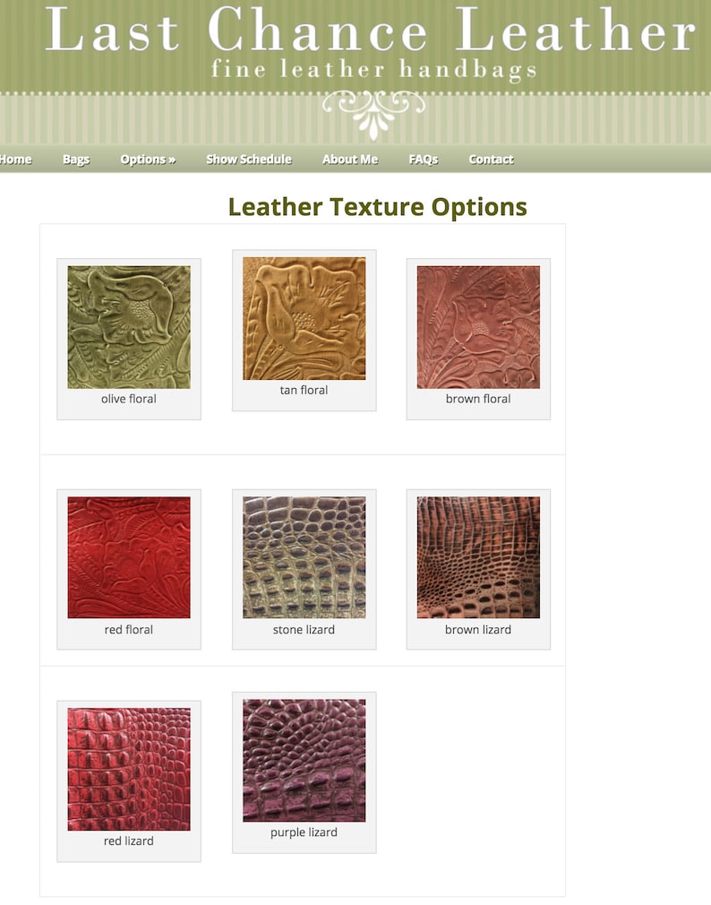 May include: Leather texture options for handbags. The options include olive, tan, and brown floral, red floral, stone lizard, brown lizard, red lizard, and purple lizard.