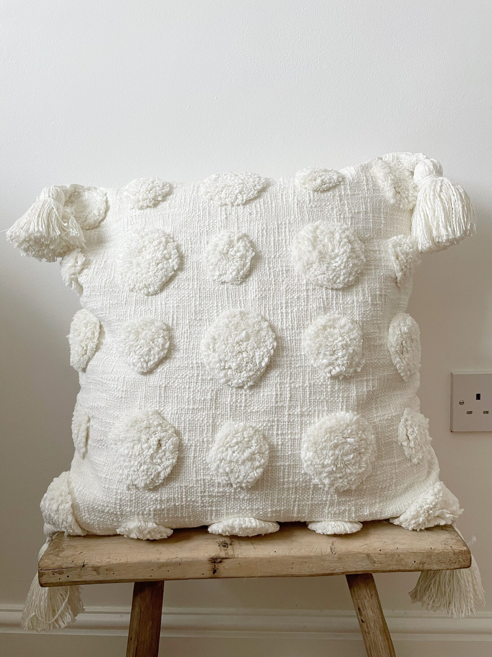 Boho creamy white cushion cover with pom poms Etsy