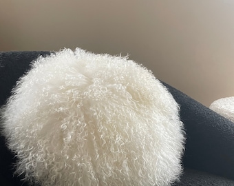 Lush real mongolian white fur round cushion cover