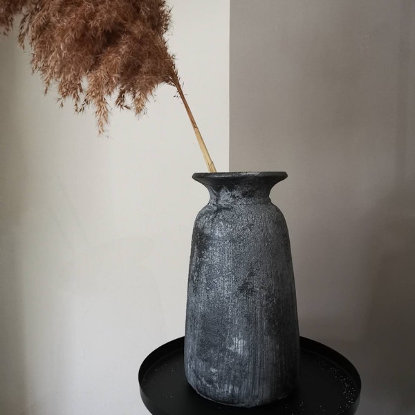 Tall Bali darkest grey vintage effect stone vase