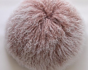 Lush soft pink real mongolian fur round cushion cover