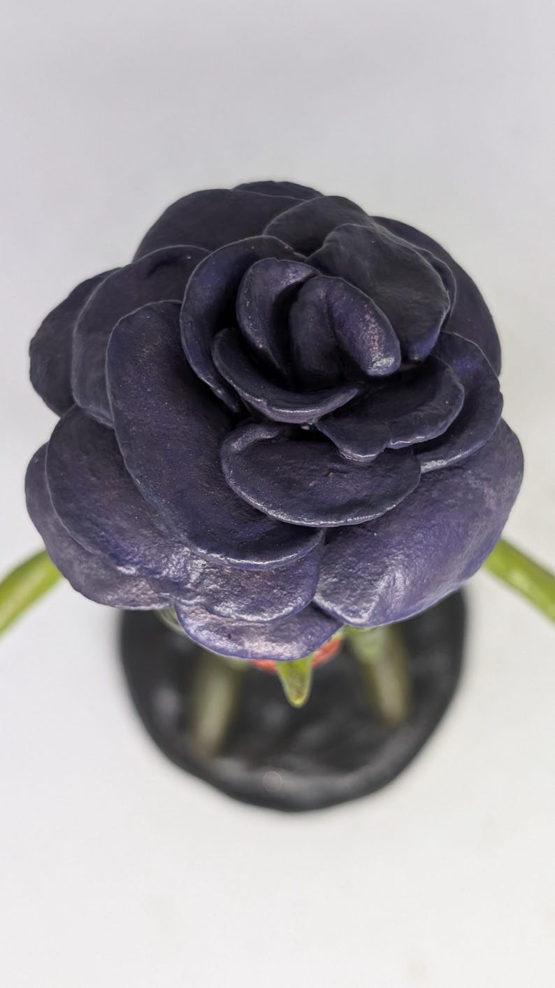 May include: A dark purple rose, viewed from above. The petals are layered and textured. The stem is green, and the base is black. The background is white, creating a contrast.