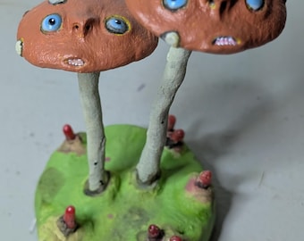 Surreal orange Mushroom Twins - Hand-Sculpted Oddity Figurine