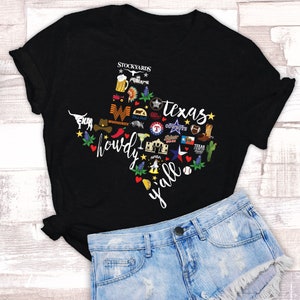 Texas Things T-Shirt - Dallas, Cowboys, Rangers, Stockyards, Longhorn, Yall -- more... Soft Style Black, Gray or White