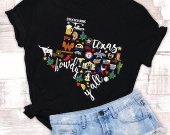 Texas Things T-Shirt - Dallas, Cowboys, Rangers, Stockyards, Longhorn, Yall -- more... Soft Style Black, Gray or White