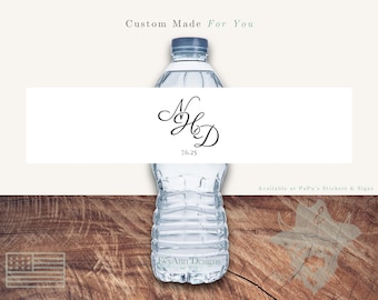 Contemporary Monogram Water Bottle Labels, Elegant Initials, Wedding Date, Fancy Script, Custom Wedding Decor, Minimalist Design - WB1034