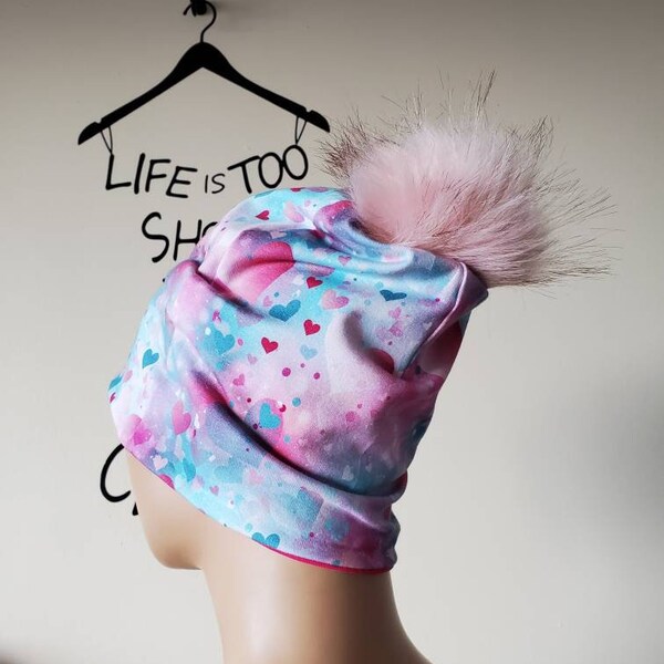 Touque with hearts Pink and Turquoise hearts Slouchie beanie hat with large faux fur pompom