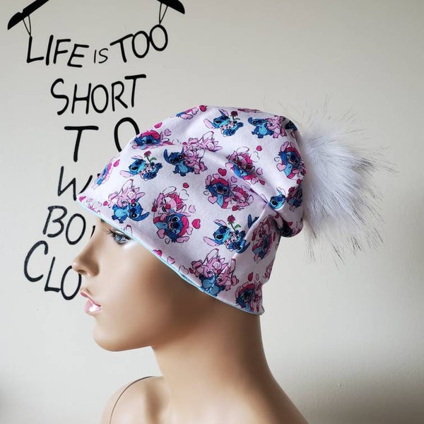 Lilo Stitch and Angel Slouchie Beanie Hat hearts beanie hat with large pompom