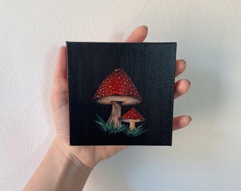 Hand Made Cupcake Painting, Mini Canvas, Mushrooms, Miniature