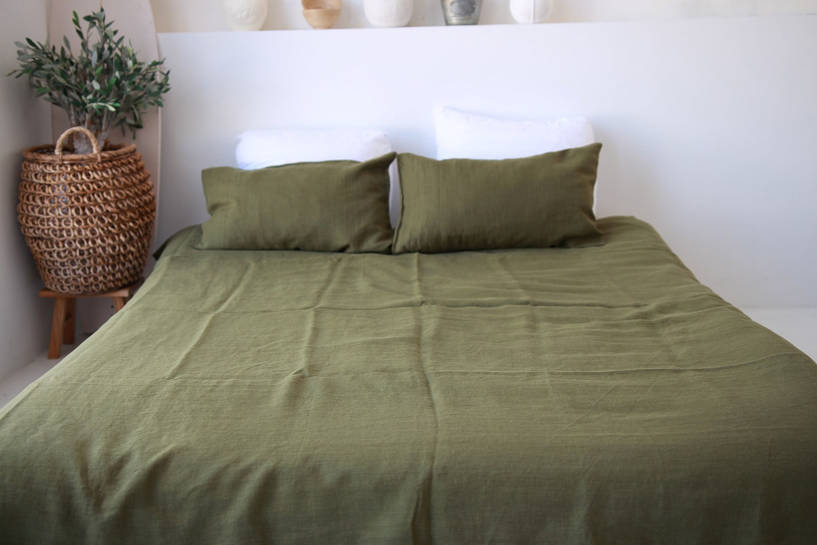 Olive Green Stonewashed Linen Sheet Set of 1 flat sheet 1 Etsy