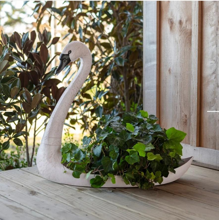 Aged Metal Swan Container Planter Porch Garden Container Pot