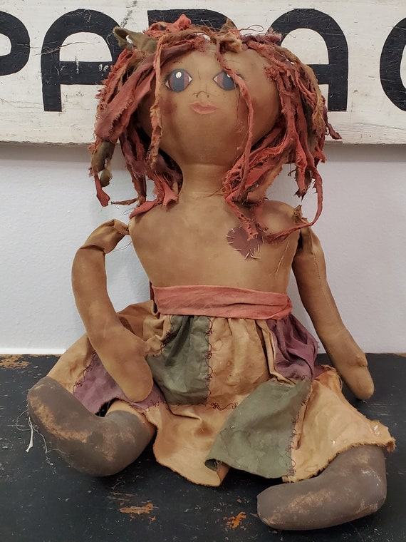Vintage Primitive Tea Stained Handmade Original Rag Doll Girl with