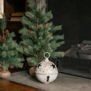 Jumbo Extra Large White/Gold Metal Tin Large 11.25&quot; Jingle Bell Christmas Decorating Metal Bell Giant Sleigh Bell Farmhouse Outdoor Porch