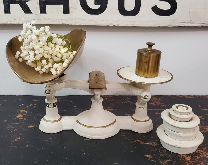 Antique Balance Candy Iron Scale Creamy White With Gold Plus Original Weights Chatillons and