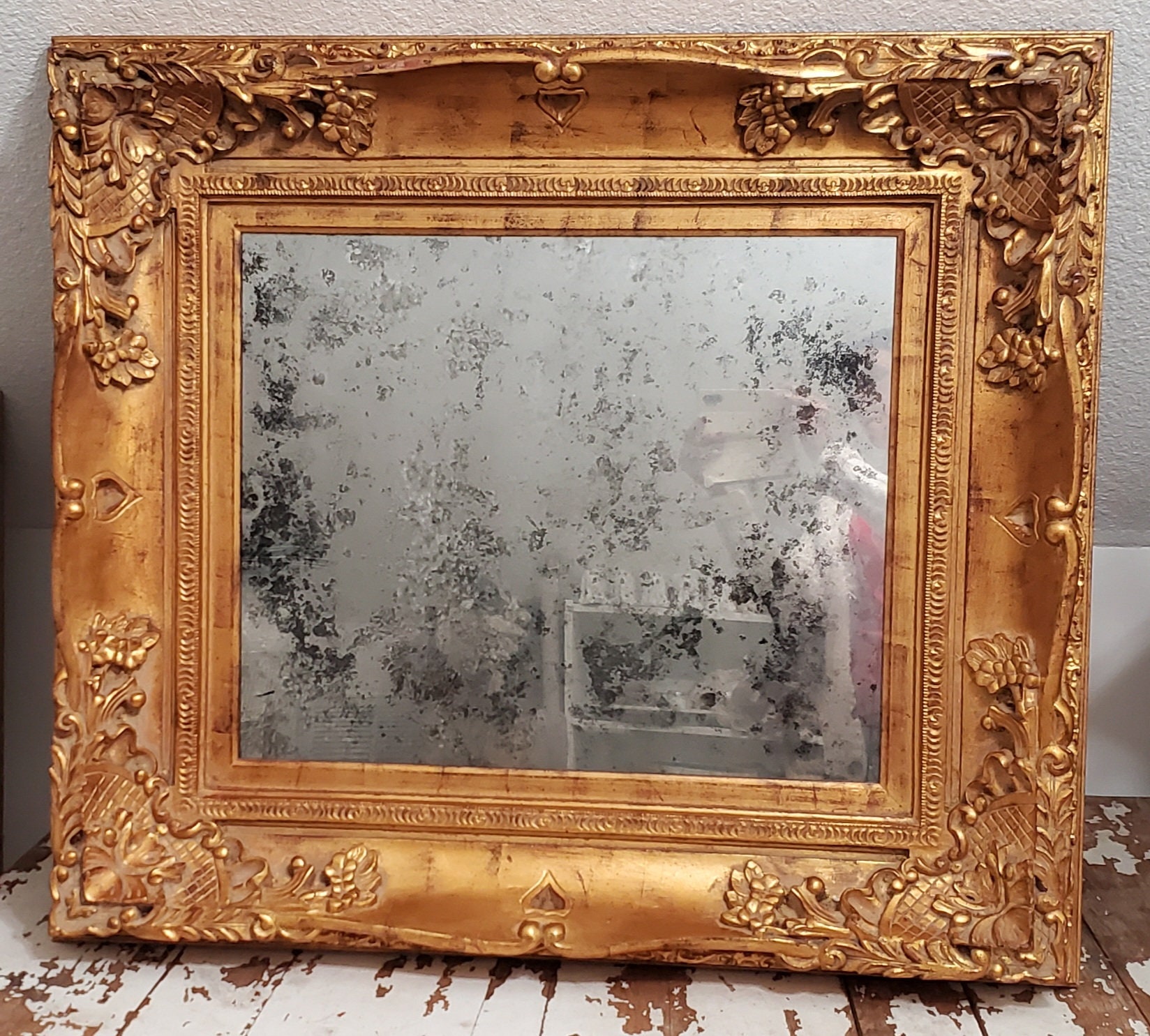 Antique Gold Gilded Massive Picture Frame With Aged Mirror