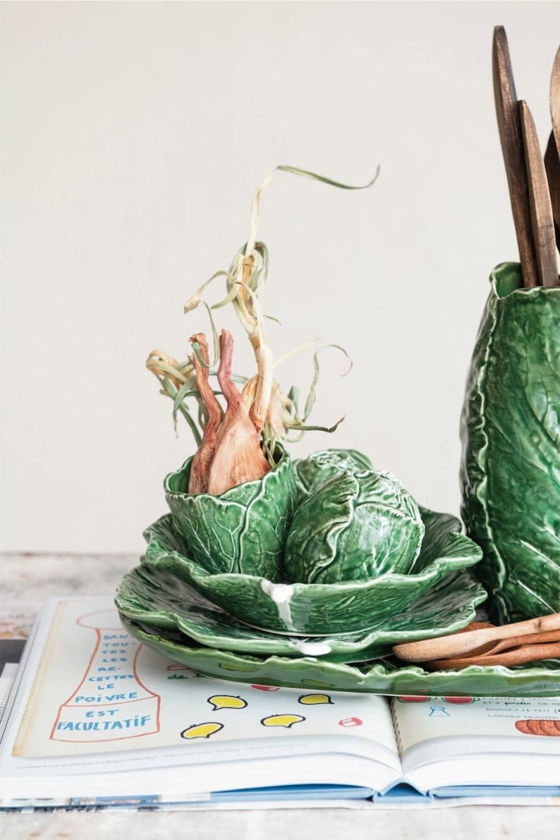 Green Cabbage Cabbageware Serving Bowl Leaf Ceramic Spring Easter Farmhouse Decor Table Setting Collection Cabbage Dish image 1