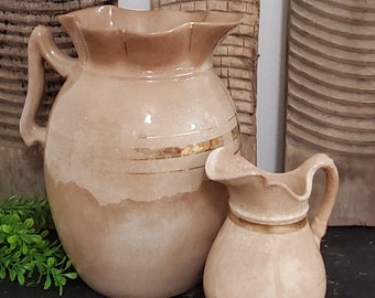 Antique Heavy Crazed Stained English Ironstone Pitcher Set of 2 Gold Banding Brown Stained Farmhouse Collections Stoneware Crackle