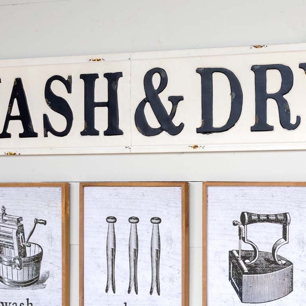 Farmhouse Embossed Metal "Wash & Dry" Sign Black and White  Fixer Upper Style Laundry Sign Wall Decor Antique Style