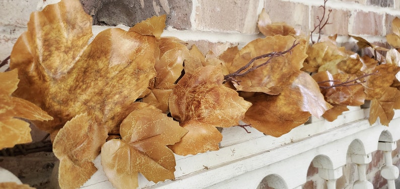 Old Maple Leaves 6ft each Viral Fall Garland for Mantle Brown Maple Leaf Stem Farmhouse Decor Garland Fig Spray Aged Dried Look Set of 2 image 5