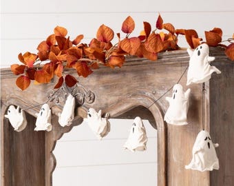 Fall Halloween Canvas Ghost Garland 6ft Mantle Decor Fabric String Ghost Decorating Farmhouse Aged Style