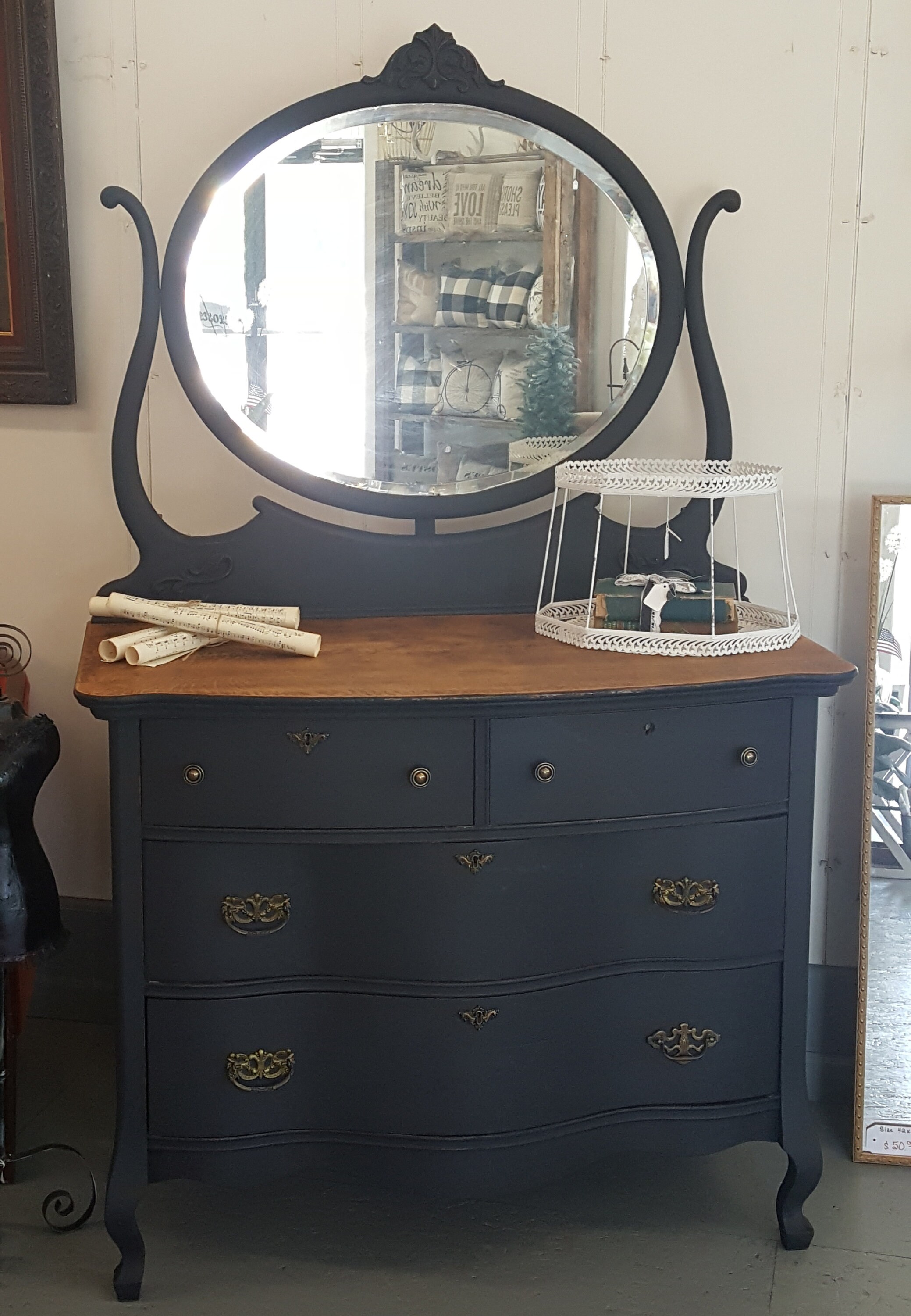 Antique Black Serpentine Dresser With Mirror Painted Farmhouse Etsy