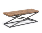 Vintage Style Railway Wood and Iron Coffee Table/ Bench Farmhouse Modern Organic Style Living Room Tables Black Metal Iron Natural Wood