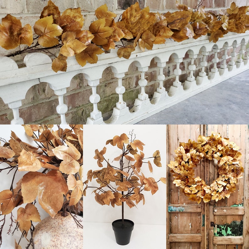 Old Maple Leaves 6ft each Viral Fall Garland for Mantle Brown Maple Leaf Stem Farmhouse Decor Garland Fig Spray Aged Dried Look Set of 2 image 7