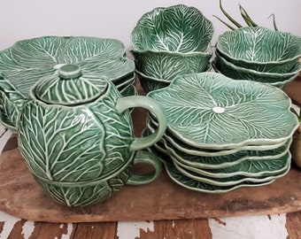 Cabbageware Cabbage Dishes Serving Set for 6 Plates, Salad, Dinner, Bowls and Teapot Green Cabbage Leaf Instant Collection Kitchen Display