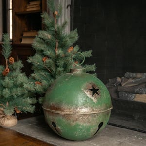 Jumbo Extra Large Green/Gold Metal Tin Large 20&quot; Jingle Bell Christmas Decorating Metal Bell Giant Sleigh Bell Farmhouse Outdoor Porch Bell
