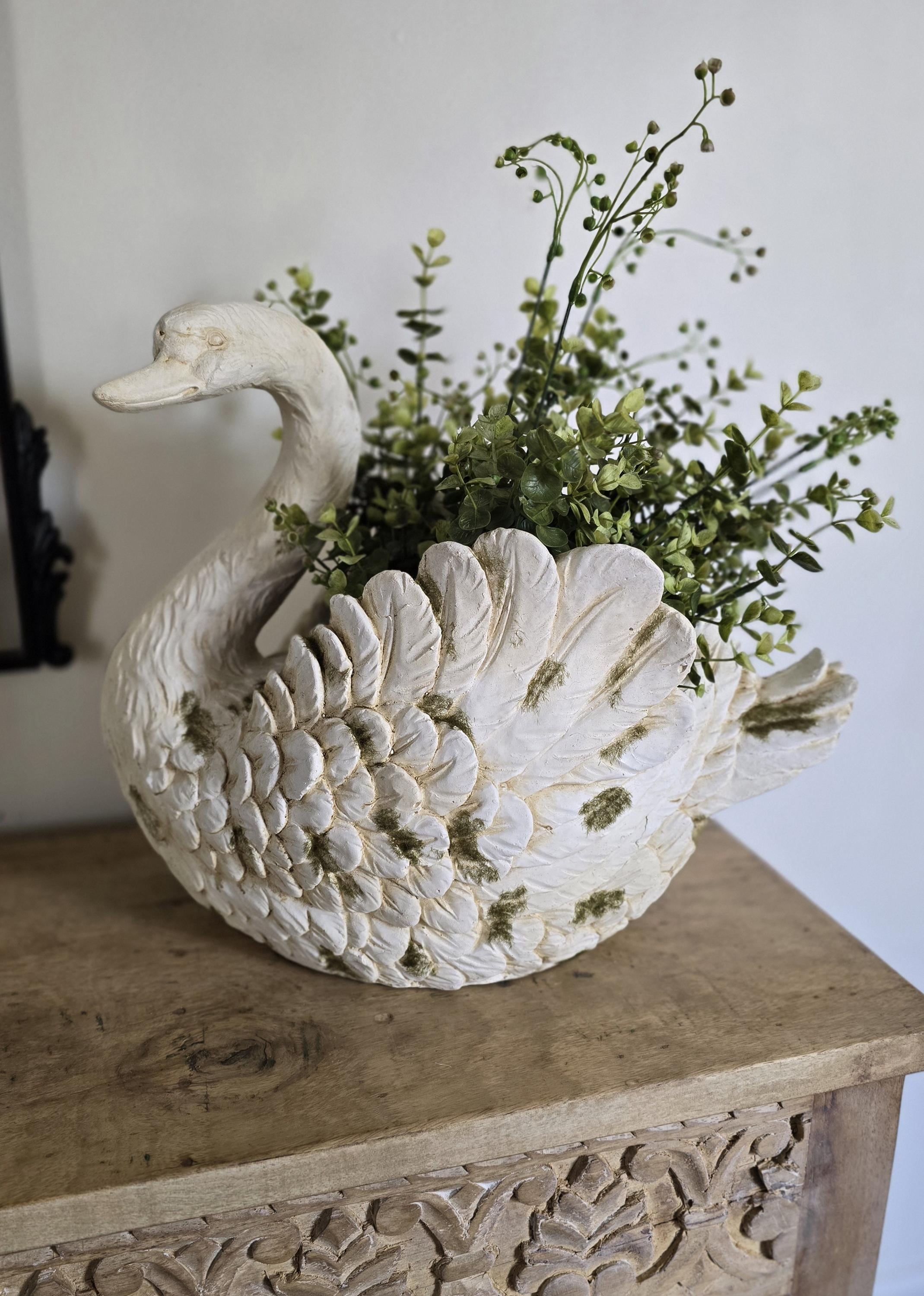 Aged White Swan Planter Moss Look Farmhouse Style Garden Patio